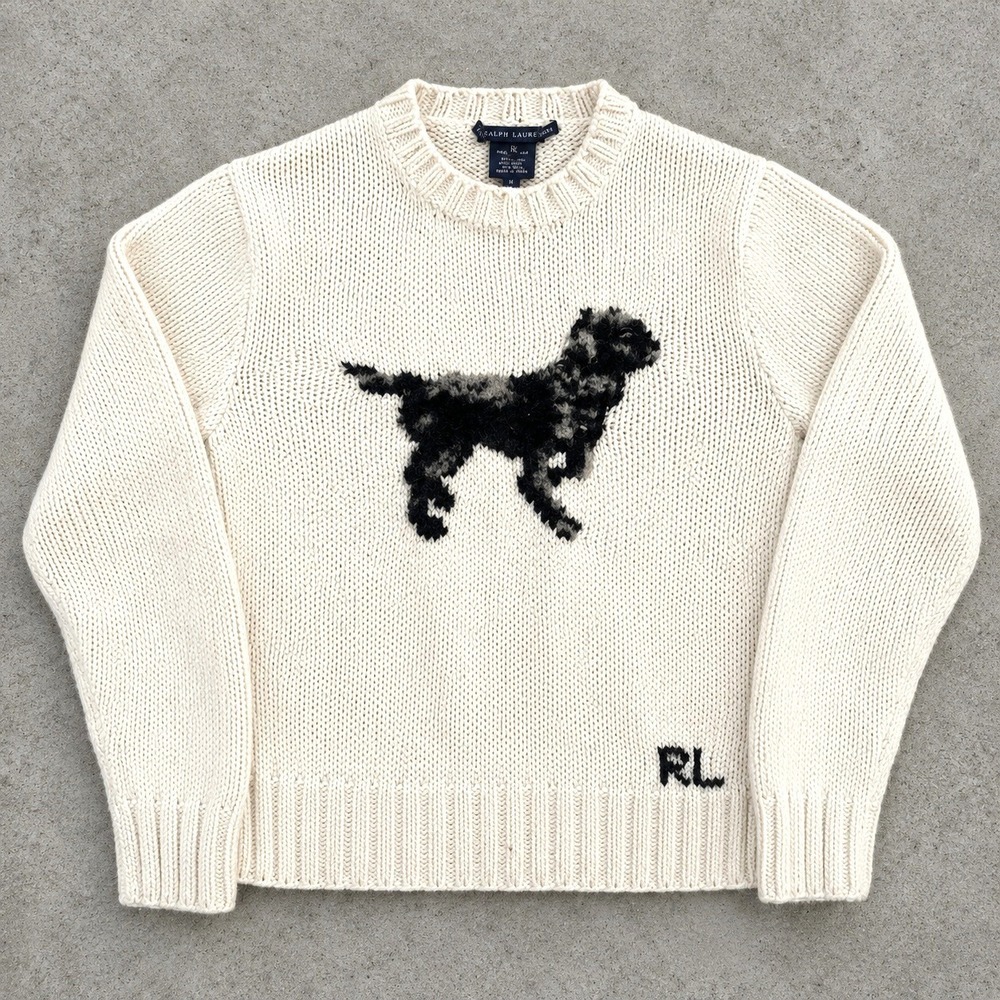 Ralph Lauren Sport Cashmere Dog Sweater Size M Women's Cream Vintage Preppy